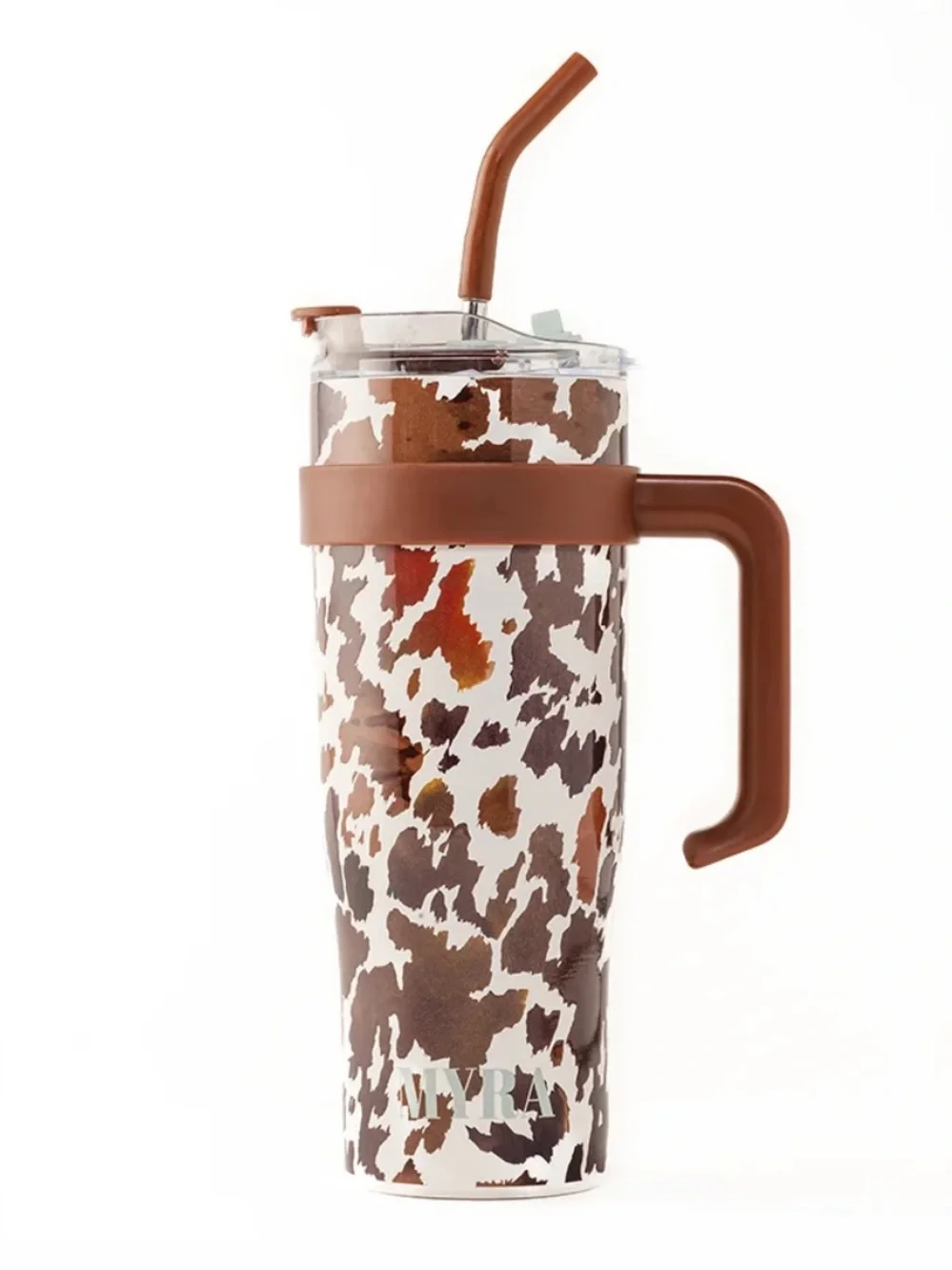 Brown Cowhide Pattern Insulated Travel Mug with Leather Wrap